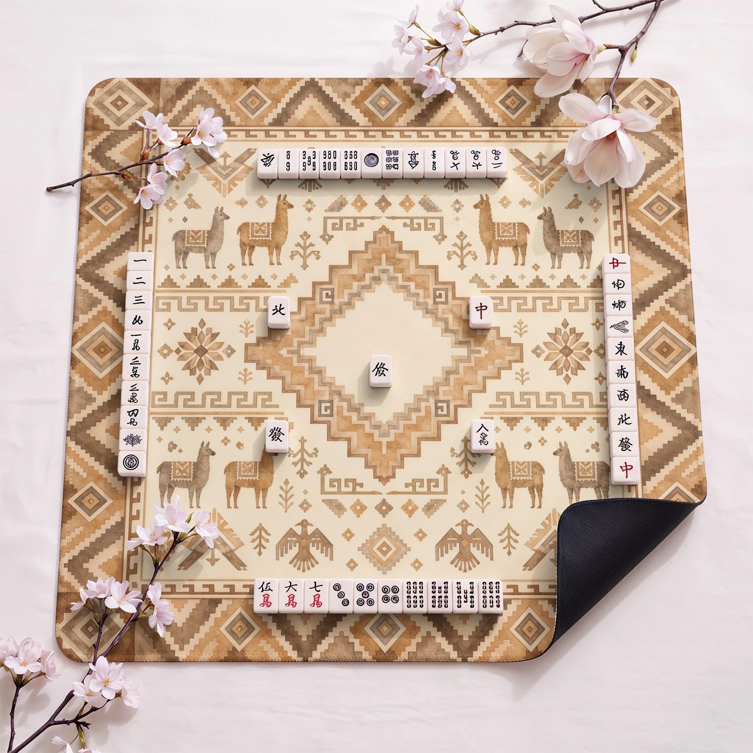 Sandstone Llama design close-up on mahjong mat surface