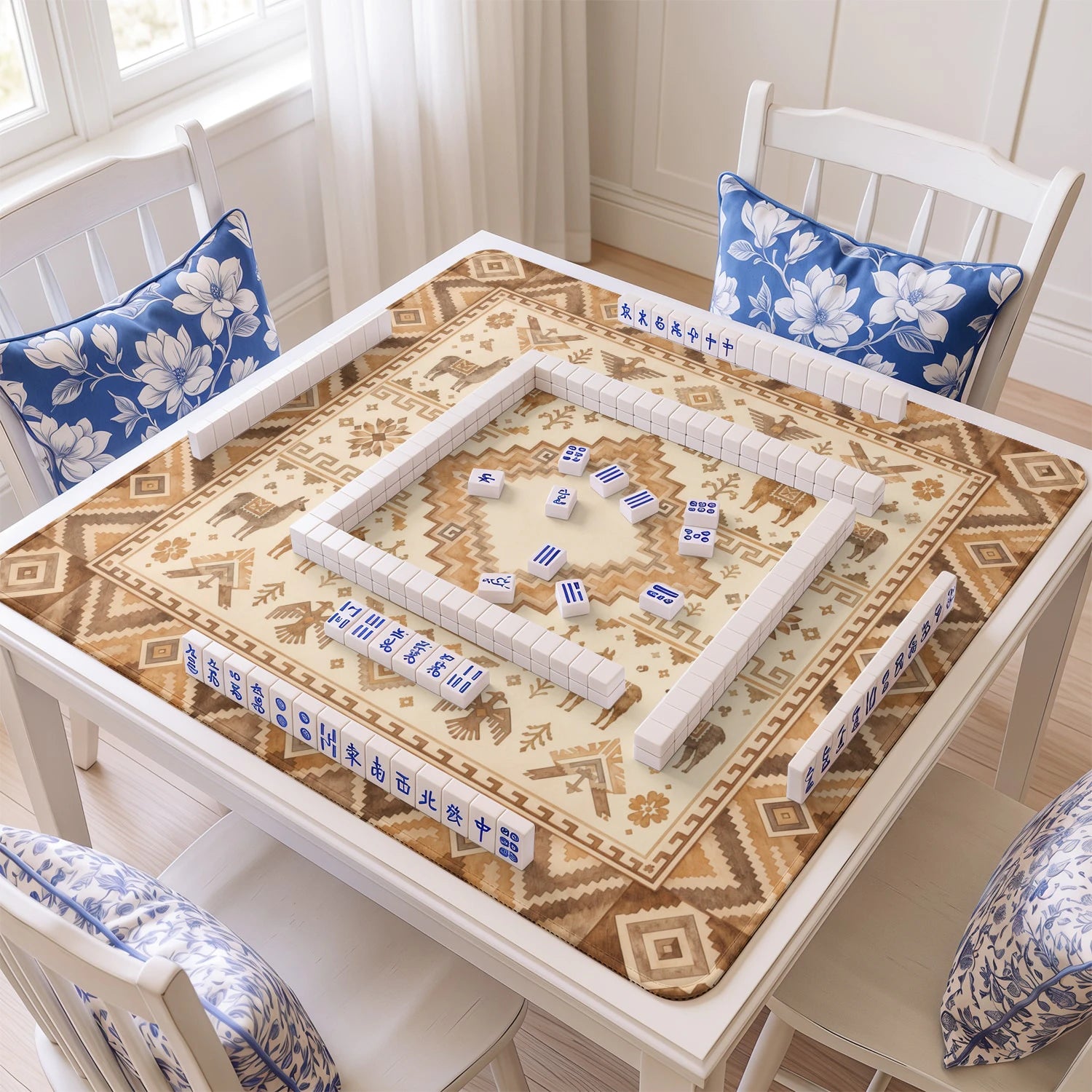 Sandstone Llama mahjong mat with tiles and racks on the table