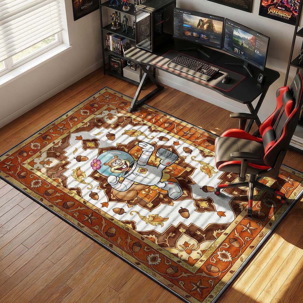 Sandy Cheeks cartoon rug placed in a cozy living room with brown leather furniture