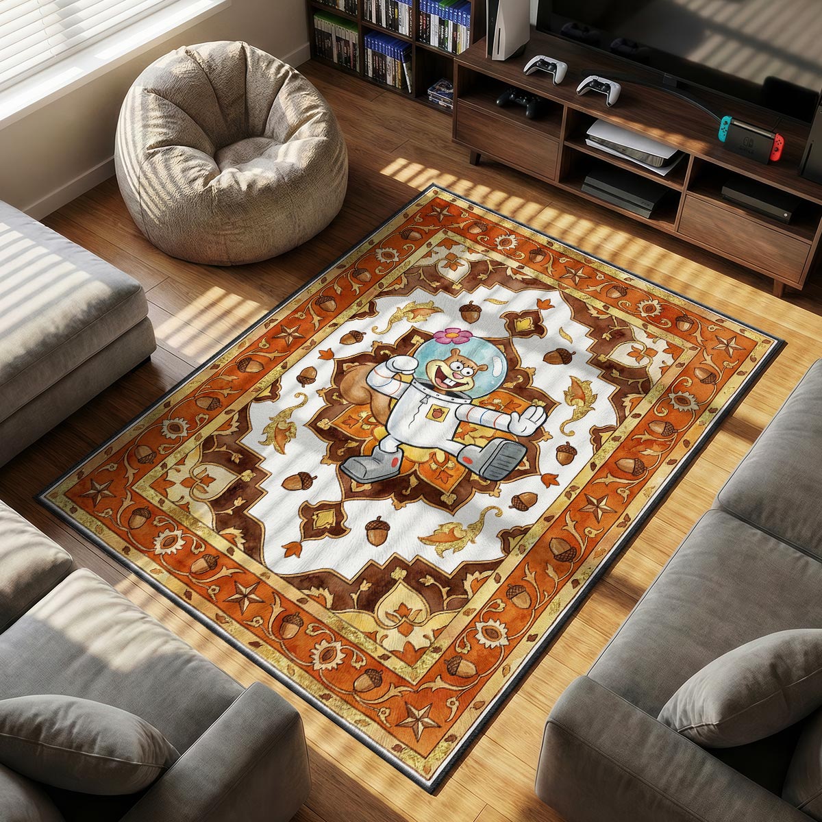 Close-up of Sandy Cheeks rug showing acorn and star border detail on velvet material