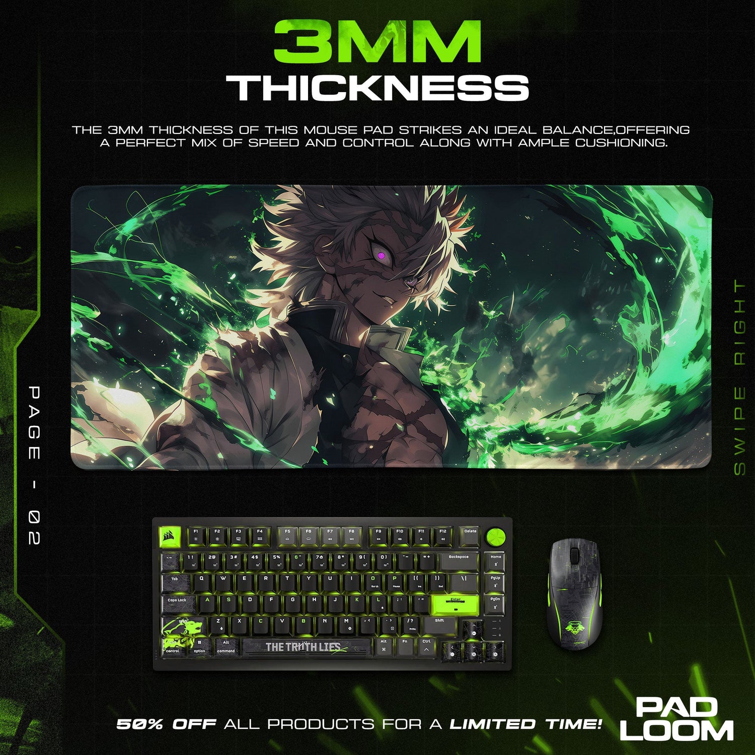 Sanemi – Emerald Fury Mouse Pad, Anime Gaming Desk Mat Padloom