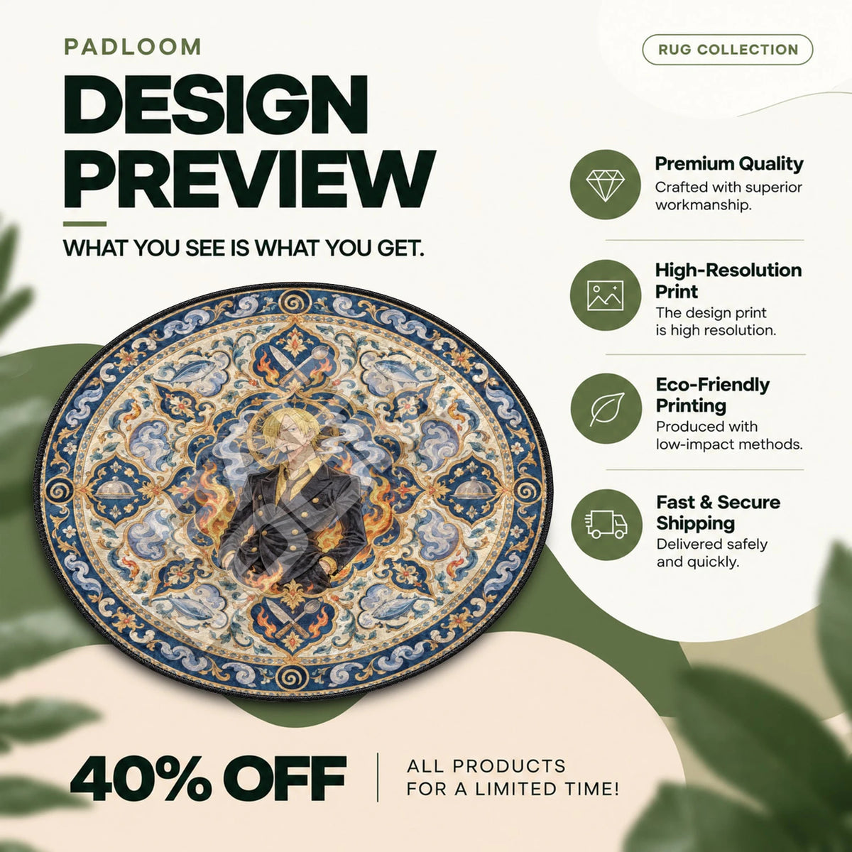 Sanji Flame One Piece round rug full design preview