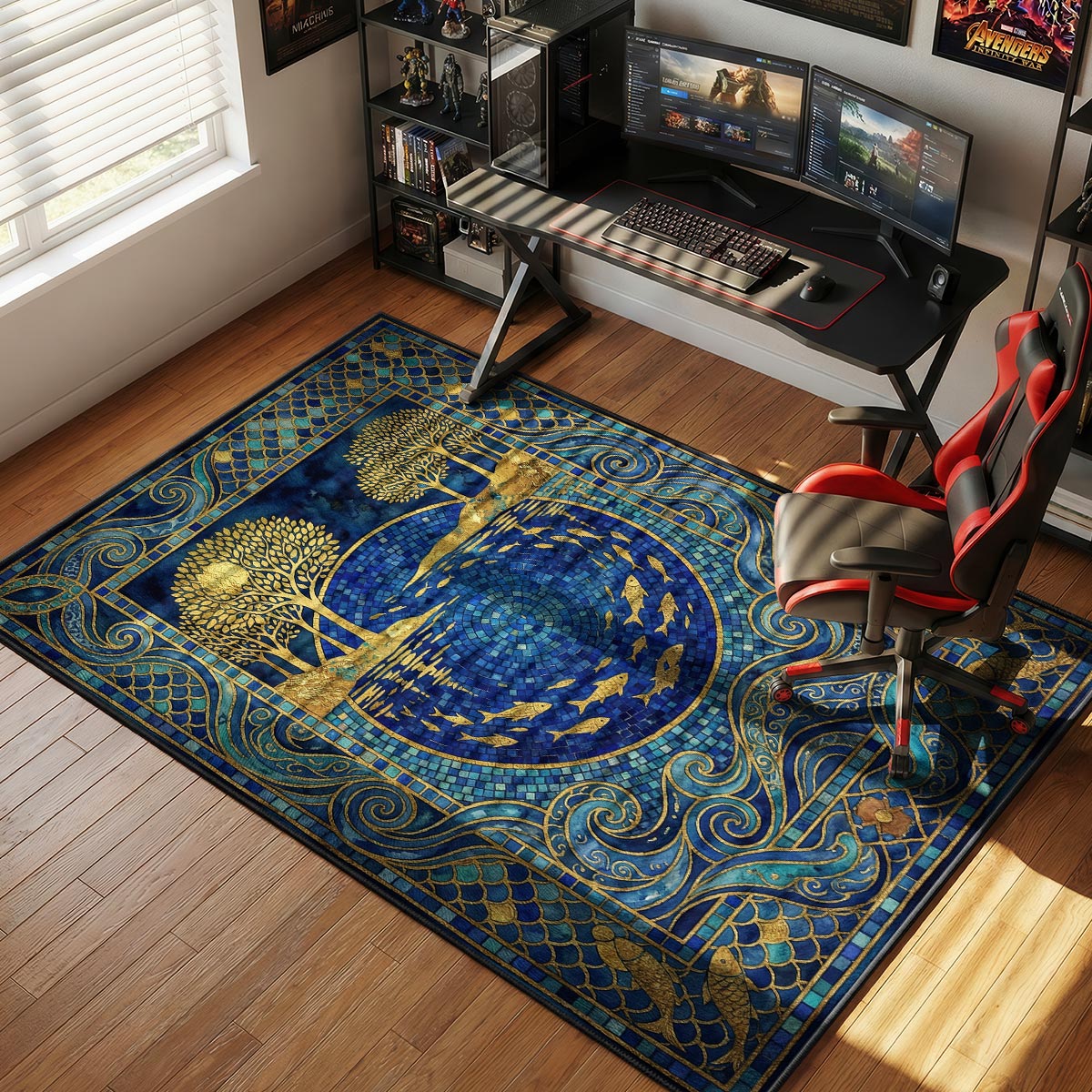 Aquatic koi pond rug placed in a living room with cream sofa and warm pendant lighting