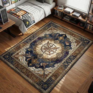 Monster Hunter Research Commission crest surrounded by hunter weapons in ornate blue and gold tarot style gaming area rug and floor mat
