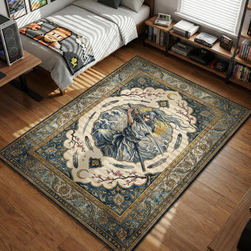 Sasaki Kojiro wielding long nodachi sword amidst falling feathers and cherry blossoms area rug and floor mat