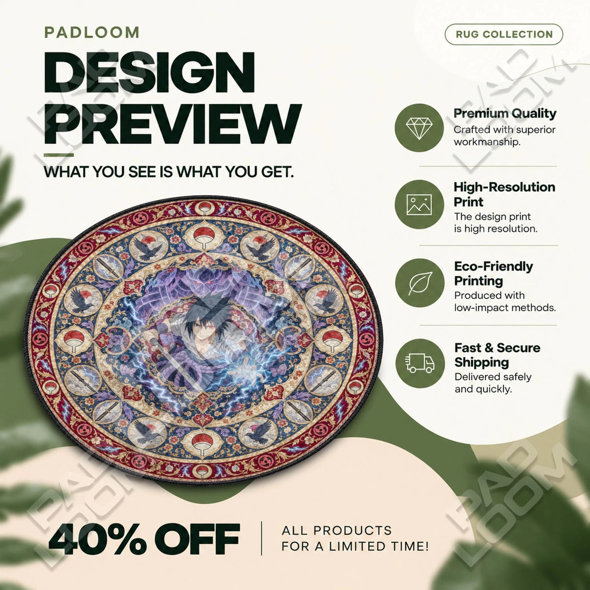 Sasuke Chidori Naruto round rug full design preview