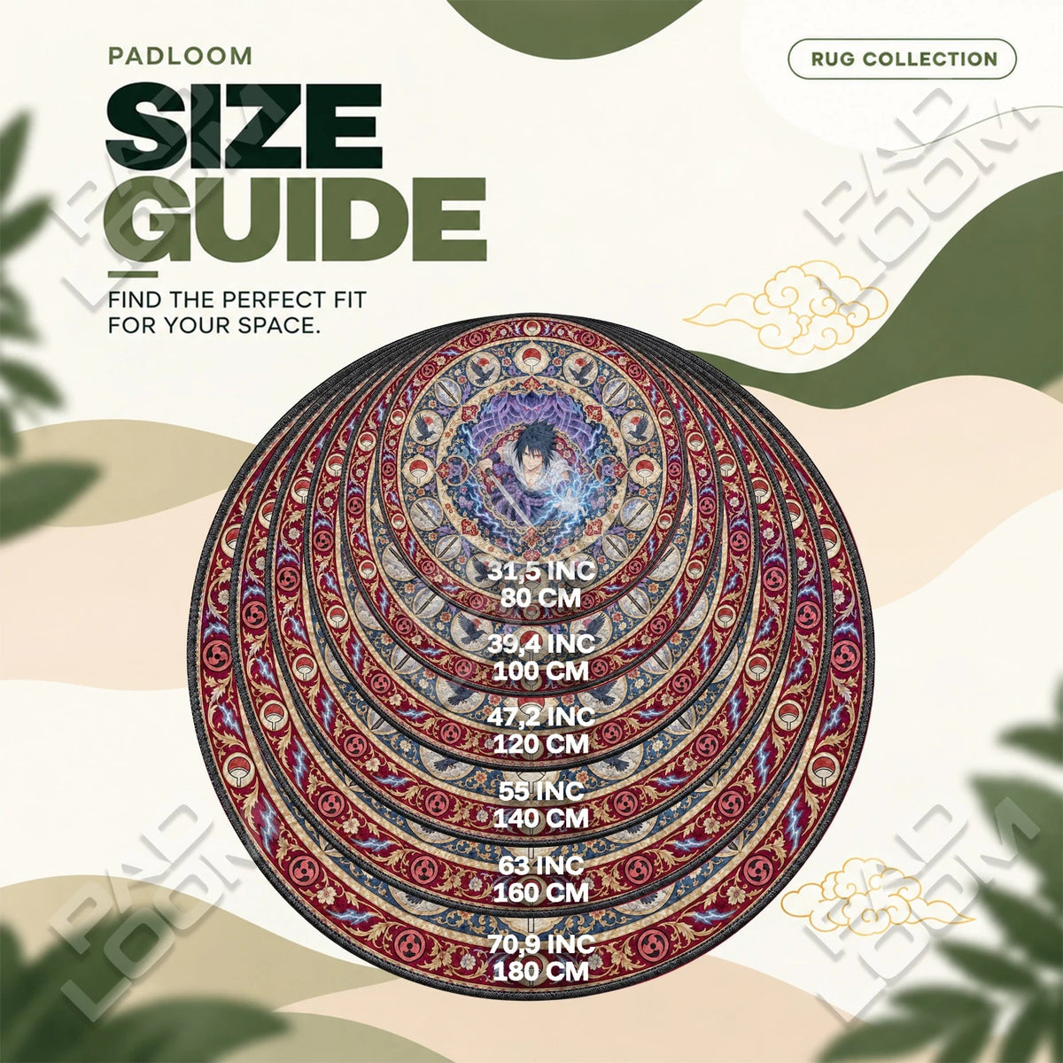 Sasuke Chidori round rug size guide, 80 to 180 cm (31.5 to 70.9 in)