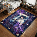 Sasuke Uchiha drawing Kusanagi sword surrounded by purple Chidori current and snake motifs framed by Uchiha fan crests rug design.