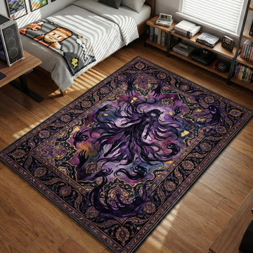 Satella Witch of Envy surrounded by shadow hands and dark magic art style area rug and floor mat