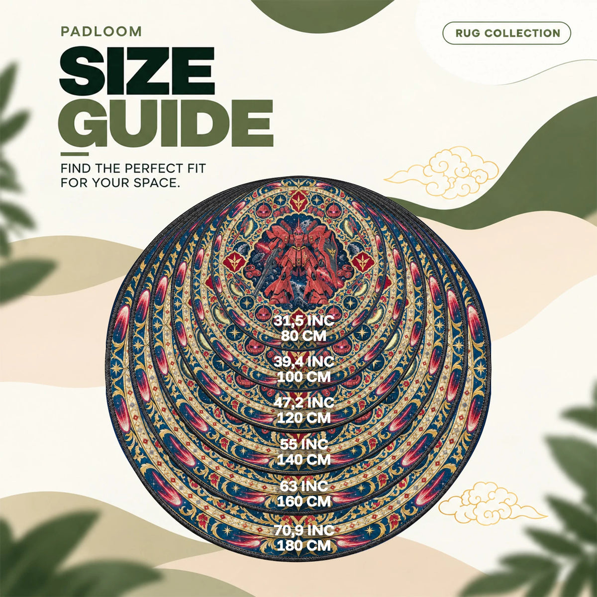 Sazabi Asteroid round rug size guide, 80 to 180 cm (31.5 to 70.9 in)