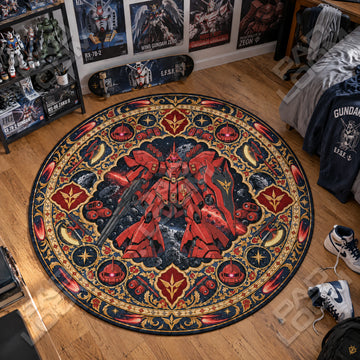 Sazabi Asteroid Gundam round rug on a bedroom floor - Gundam chair mat