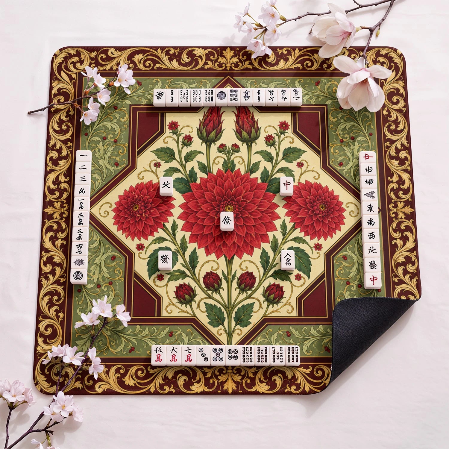 Scarlet Dahlia design close-up on mahjong mat surface