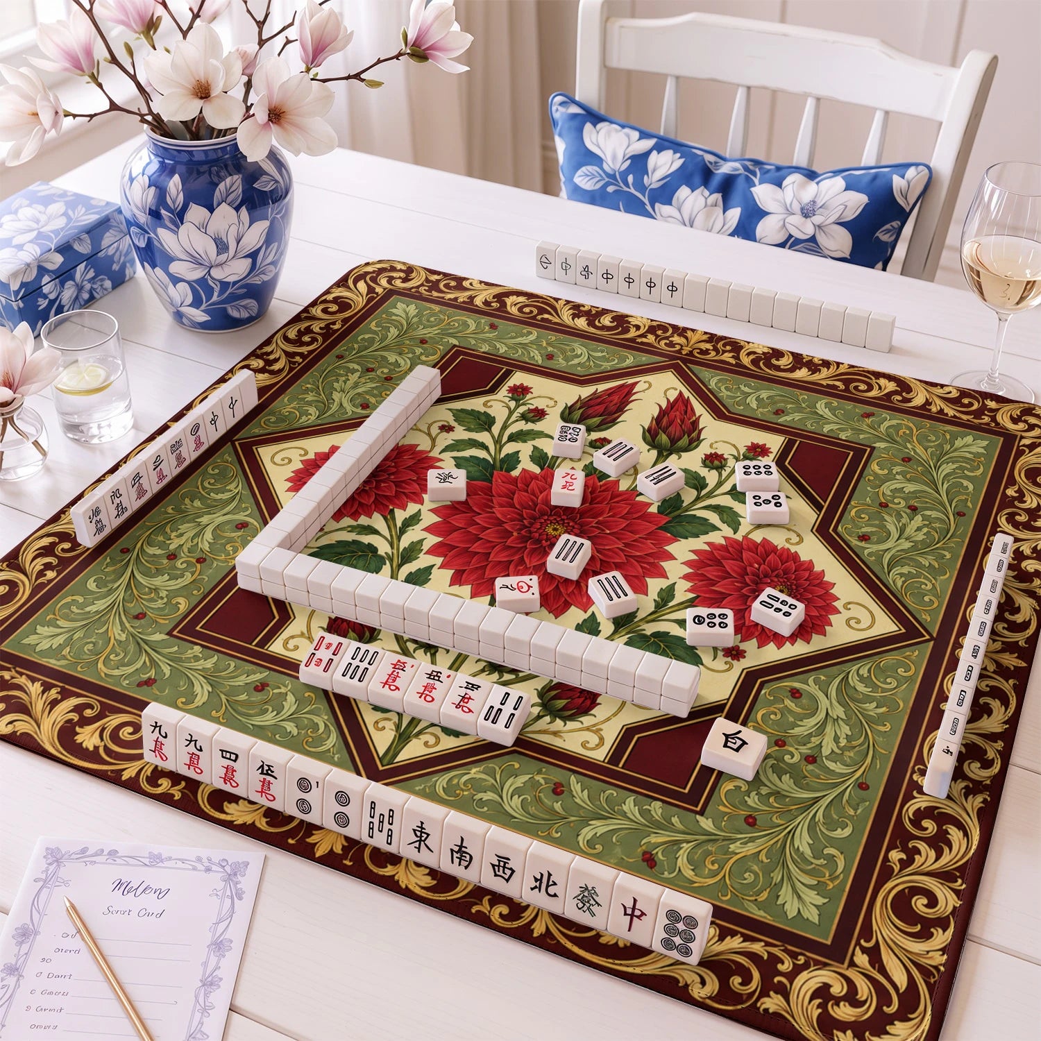 Scarlet Dahlia mahjong mat – M (60x60 cm) and L (81x81 cm) sizes