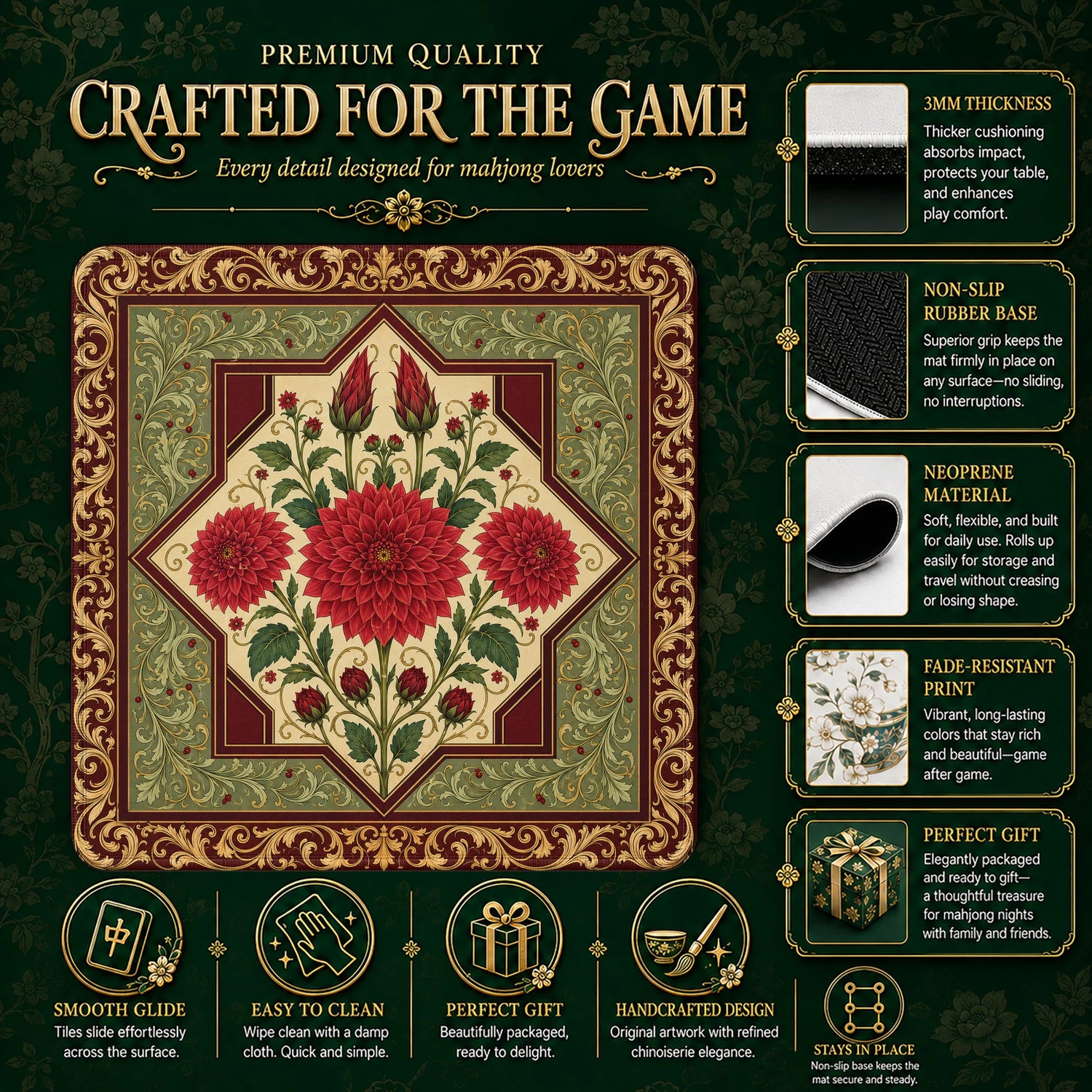 Scarlet Dahlia mahjong mat – M (60x60 cm) and L (81x81 cm) sizes