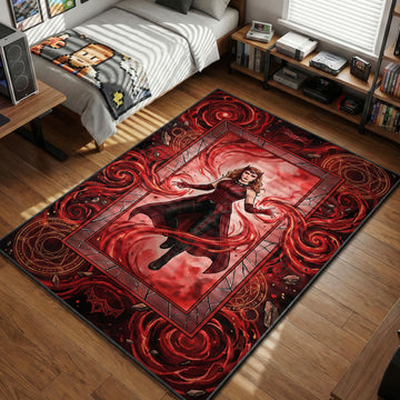 Scarlet Witch levitating with red chaos magic runes and floating debris comic style gaming area rug and floor mat