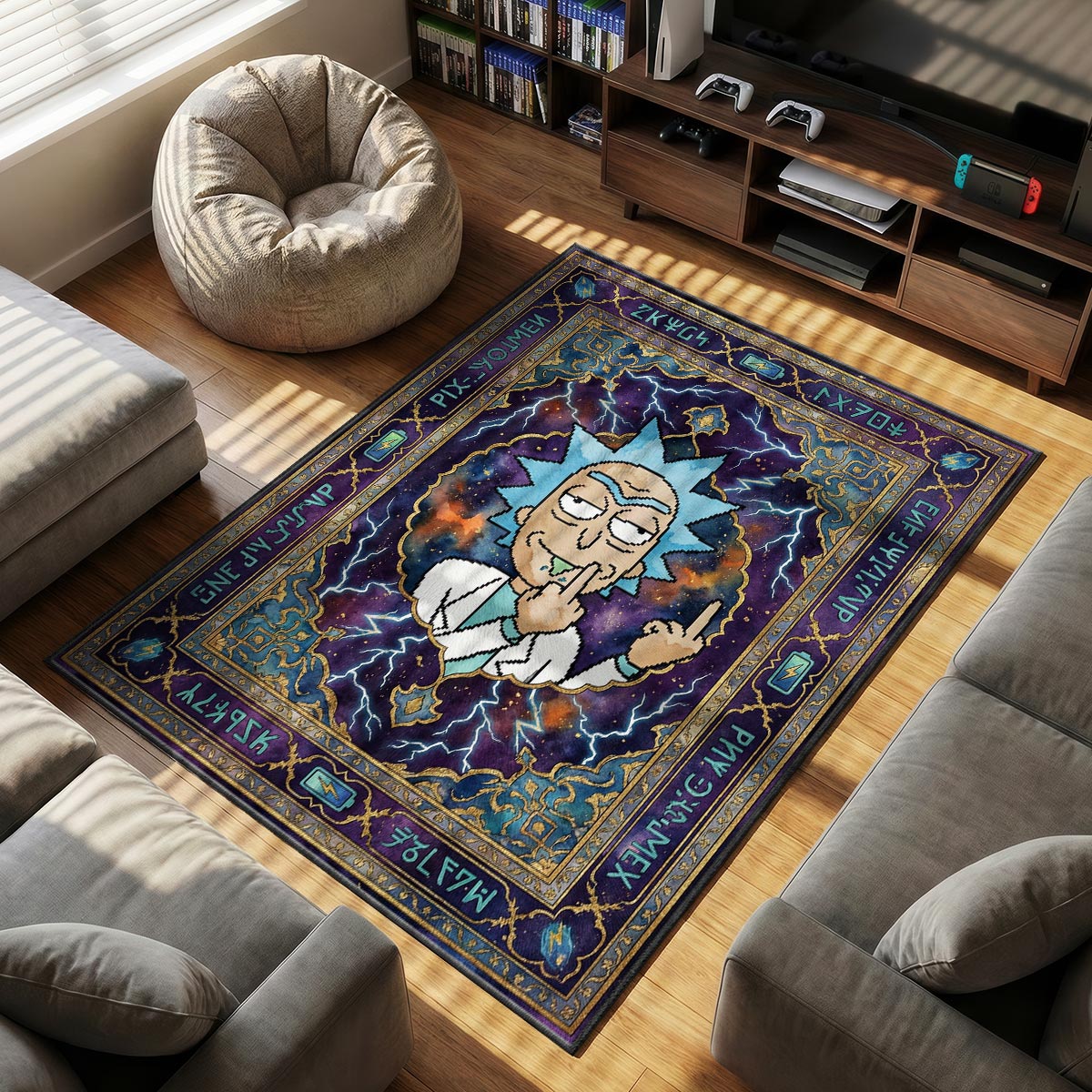 Close-up of Scary Terry area rug showing gold leaf medallion and pastel pink velvet texture