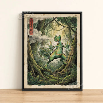 Sceptile Jungle Pokemon poster - framed canvas wall art in a black frame