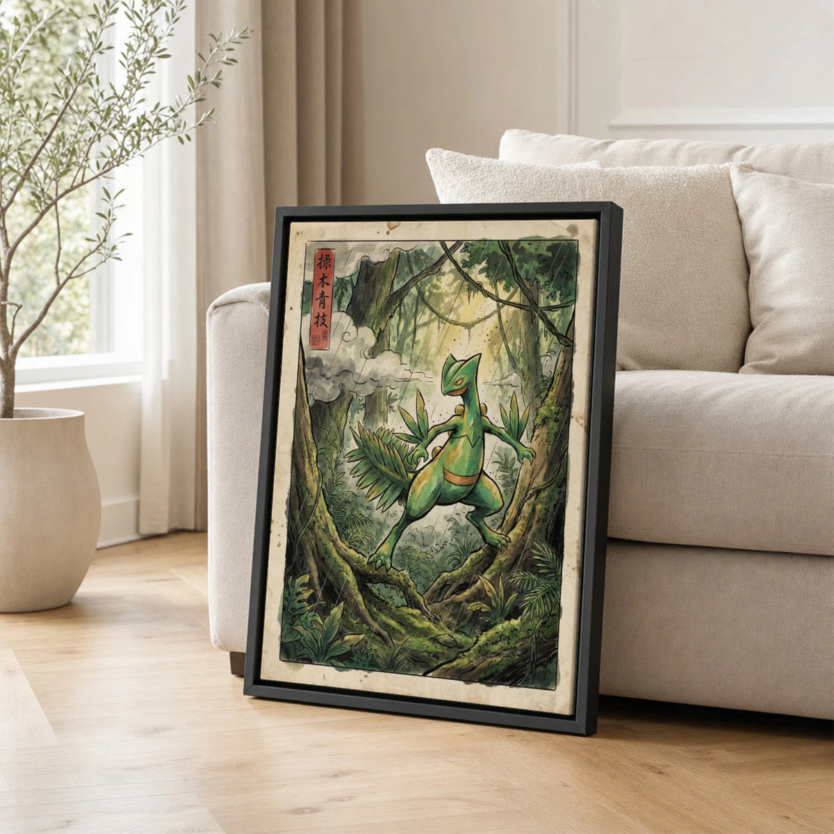 Sceptile Jungle Pokemon poster leaning beside a sofa - living room wall art