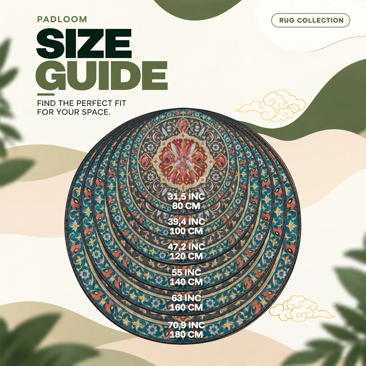 Scizor Gear round rug size guide, 80 to 180 cm (31.5 to 70.9 in)