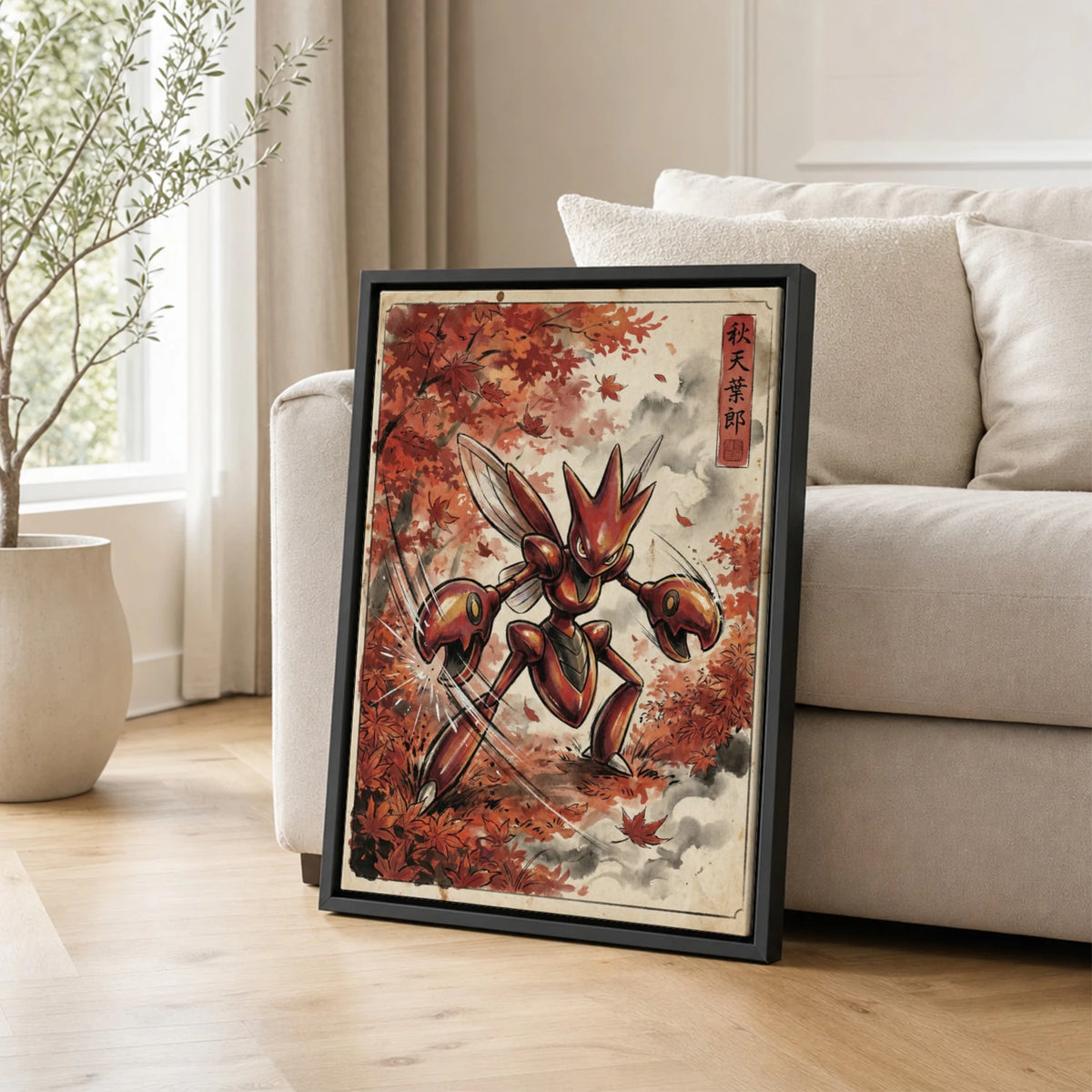 Scizor Maple Pokemon poster leaning beside a sofa - living room wall art
