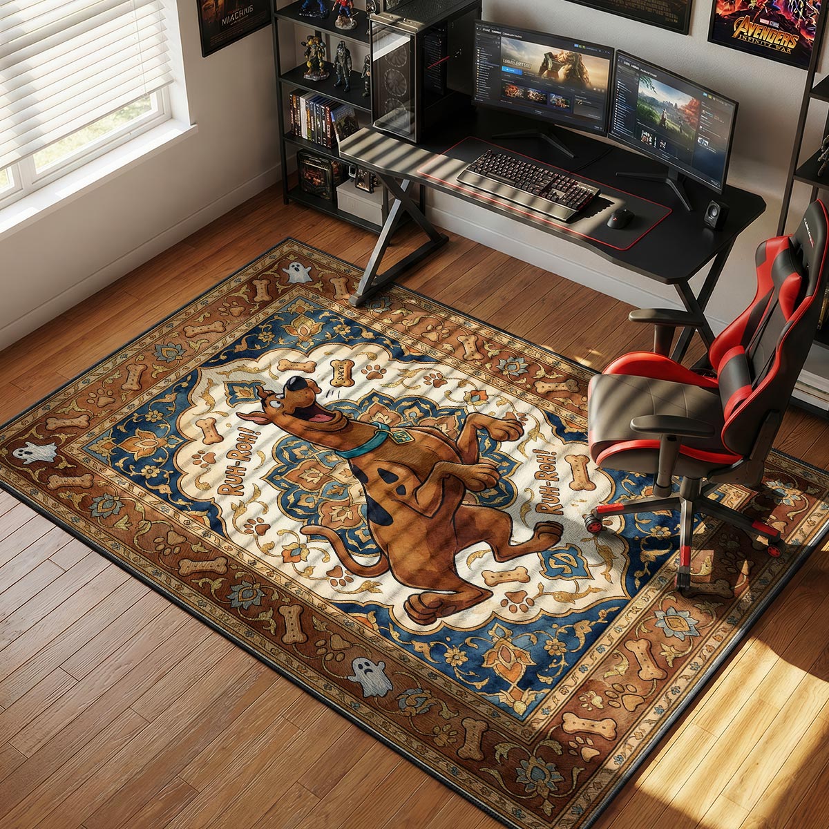 Scooby-Doo rug placed beside a bed in a warm-toned bedroom with wooden nightstand