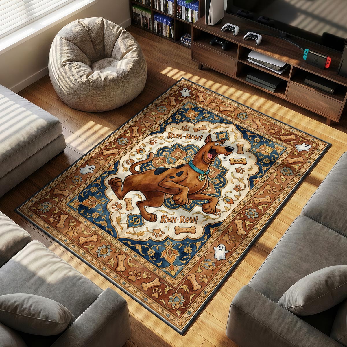 Detail shot of Scooby-Doo area rug showing gold scroll border and plush fiber surface