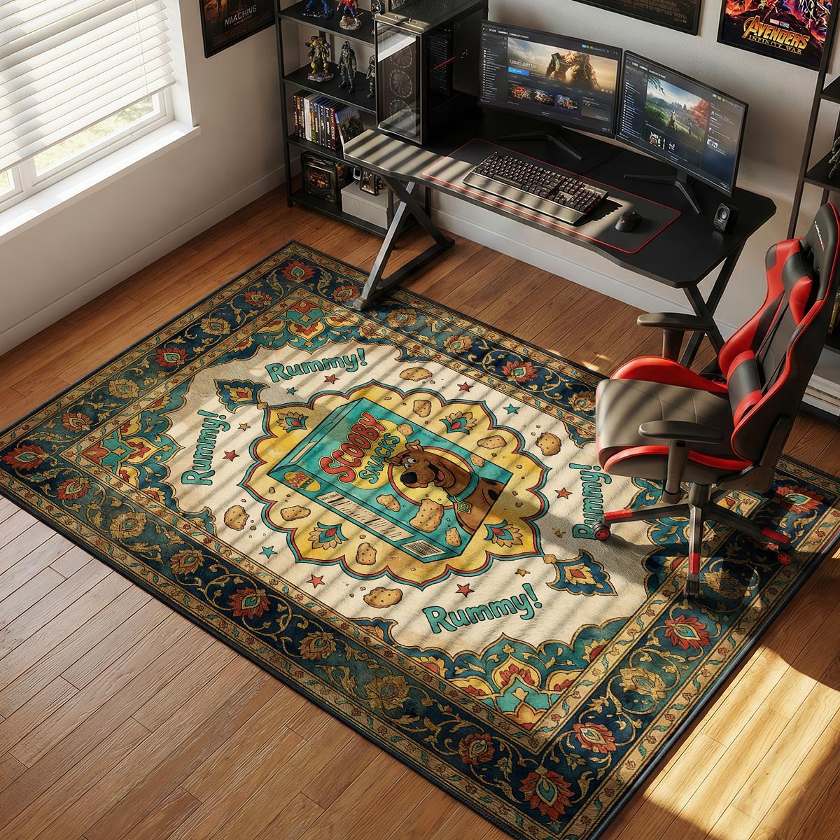 Scooby Snacks rug placed on a kitchen floor in front of wood cabinets with warm lighting