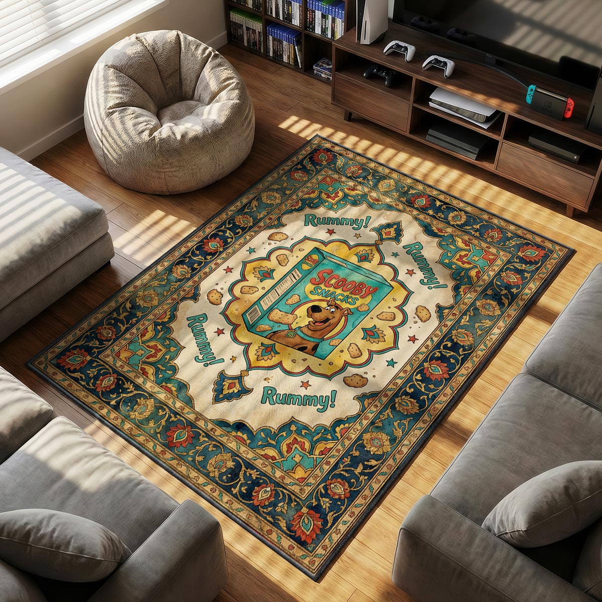 Texture detail of Scooby Snacks area rug showing teal dye-sublimation print on velvet surface