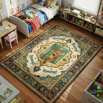 Scooby Snacks box Scooby-Doo area rug with cookies on teal and gold medallion tapestry