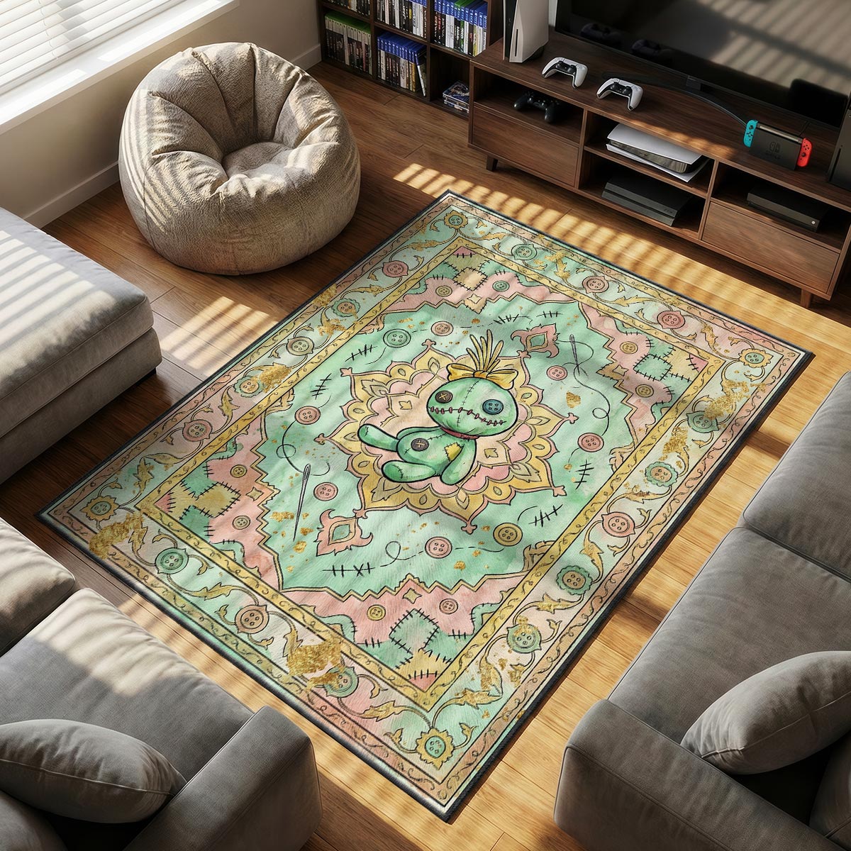 Close-up of Scrump area rug showing button detail and mint green dye-sublimation on velvet