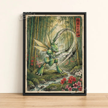 Scyther Slashing Pokemon poster - framed canvas wall art in a black frame