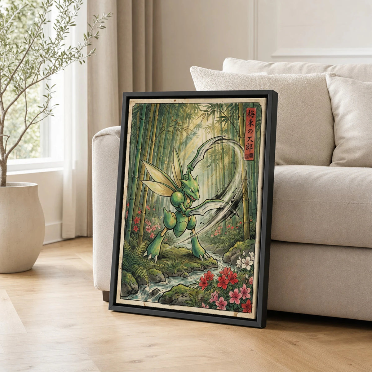 Scyther Slashing Pokemon poster leaning beside a sofa - living room wall art