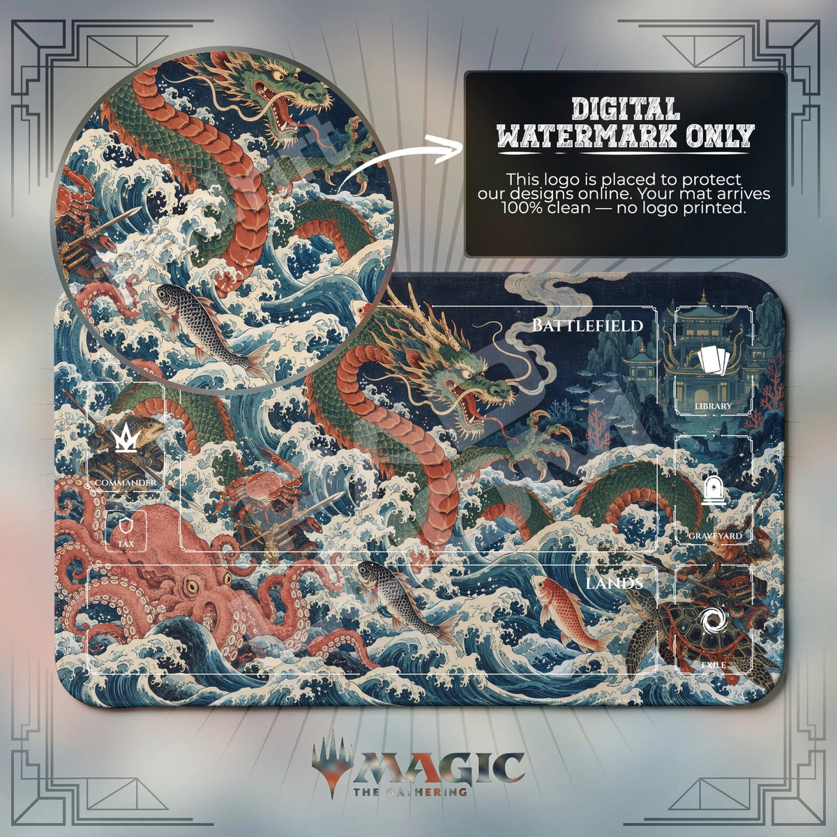 Sea Dragon Ukiyo-e MTG playmat with zones; the Padloom watermark is digital only, not printed