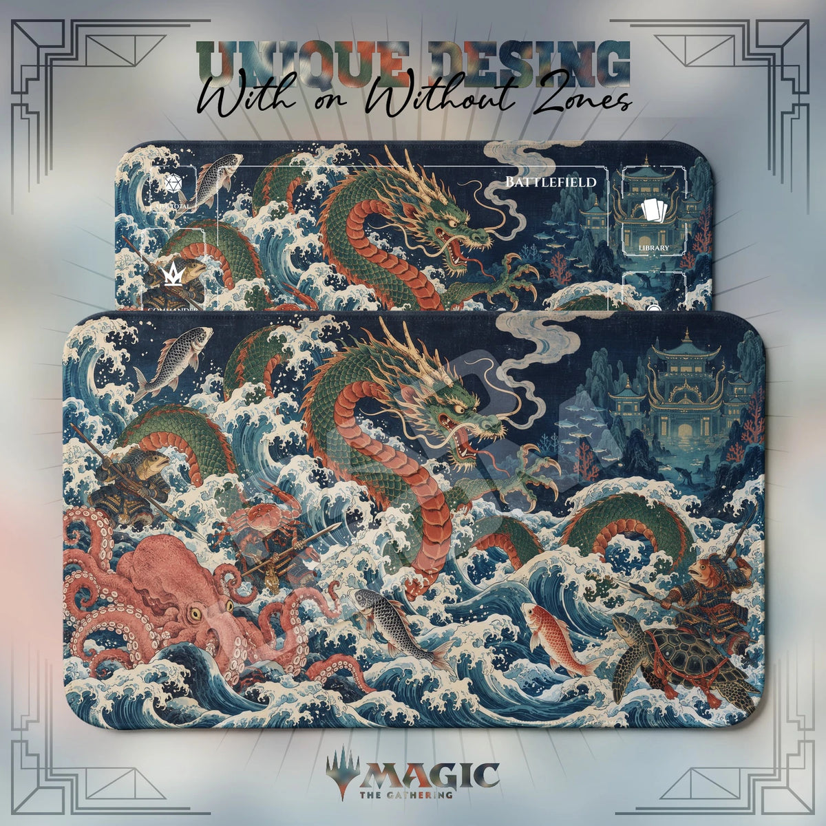 Sea Dragon Ukiyo-e MTG playmat shown with zones and without zones