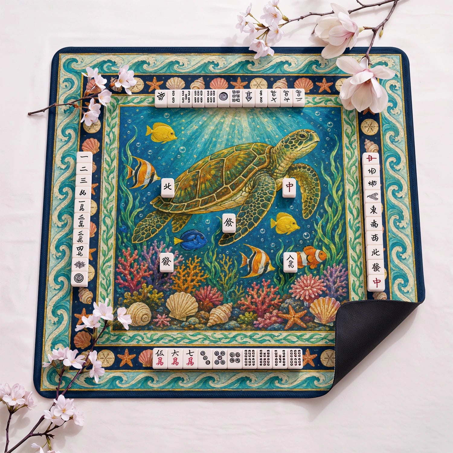 Sea Turtle design close-up on mahjong mat surface