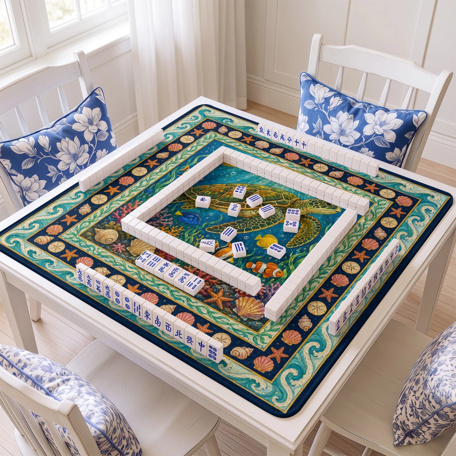 Sea Turtle mahjong mat with tiles and racks on the table
