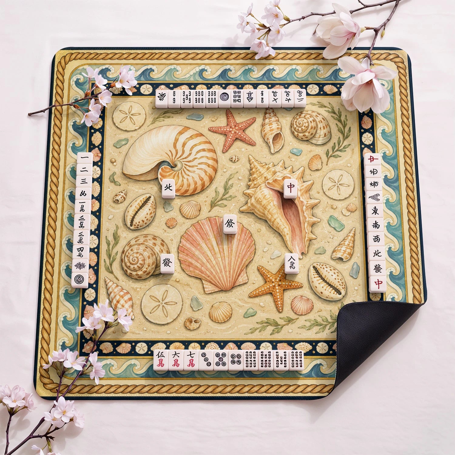 Seashell Coastal design close-up on mahjong mat surface