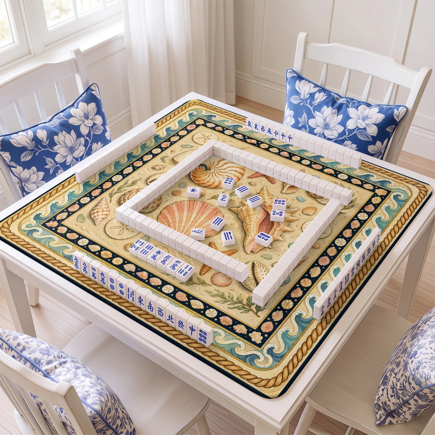 Seashell Coastal mahjong mat with tiles and racks on the table