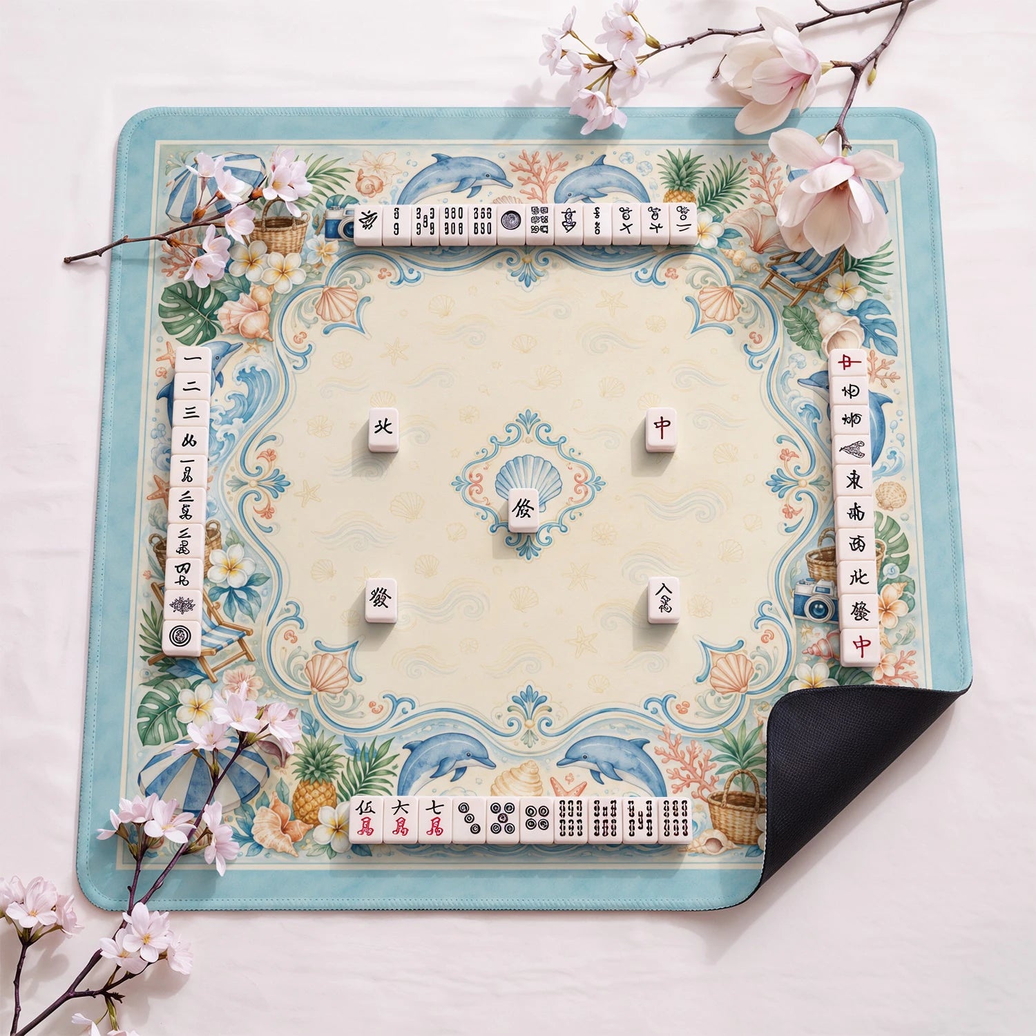 Seaside Summer design close-up on mahjong mat surface