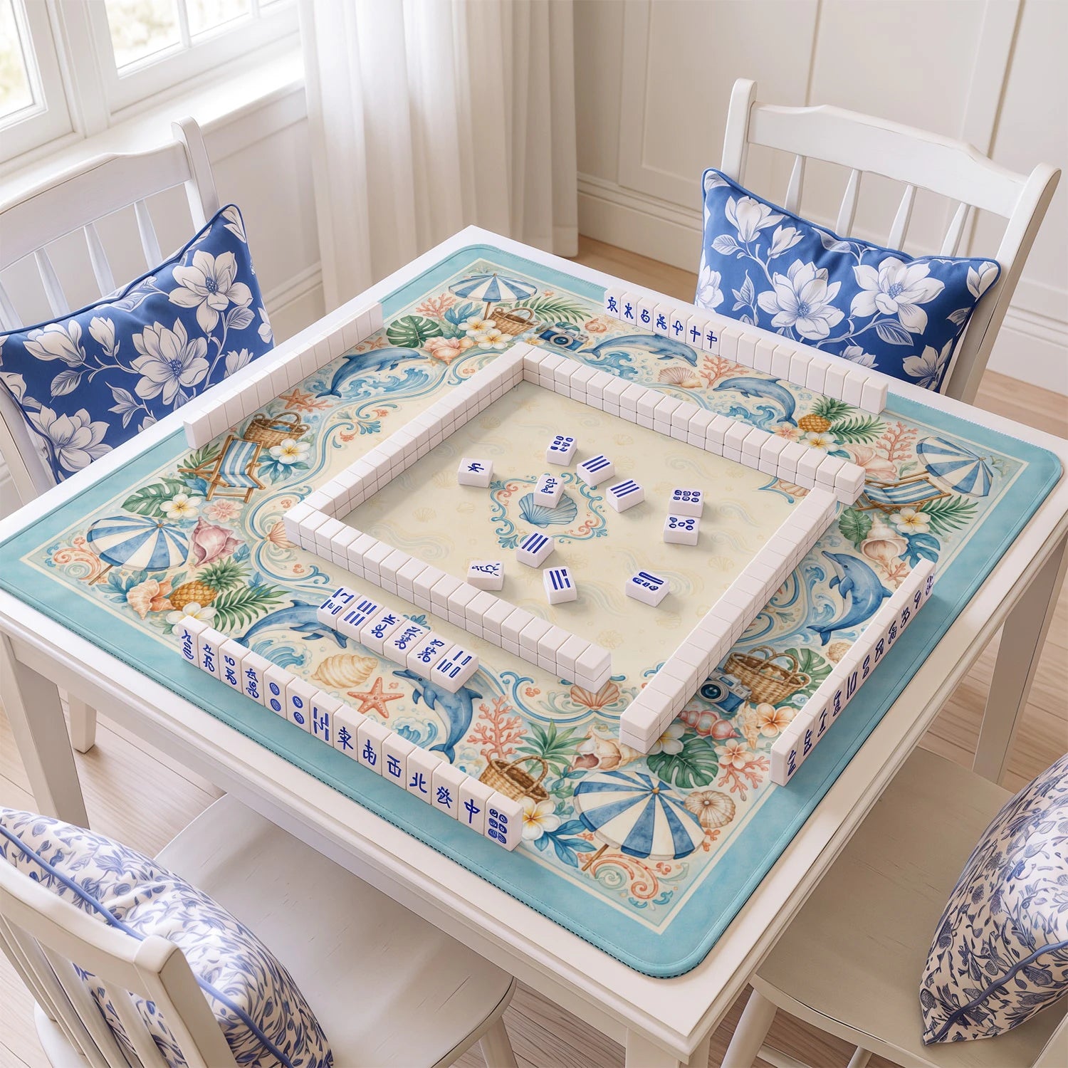 Seaside Summer mahjong mat with tiles and racks on the table