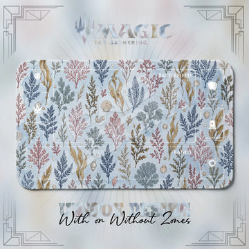 Seaweed Botanical MTG playmat, gray and blue art with play zones, 24 x 14 in
