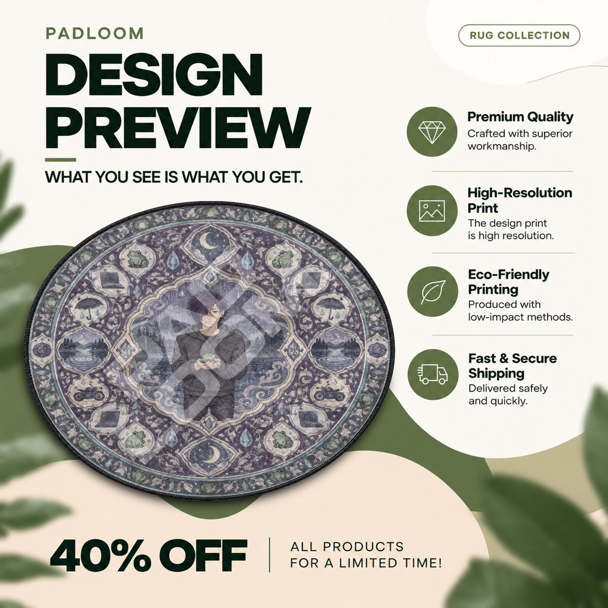 Sebastian Rainy Stardew Valley round rug full design preview