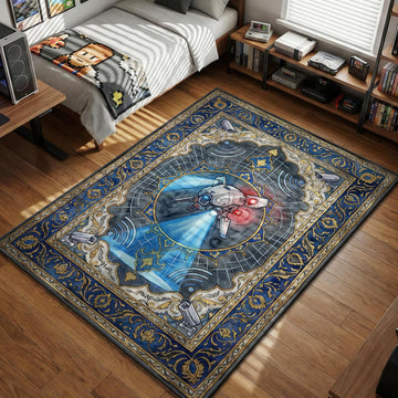 Sentinel drone hovering with blue searchlight and security camera border illustration gaming area rug and floor mat