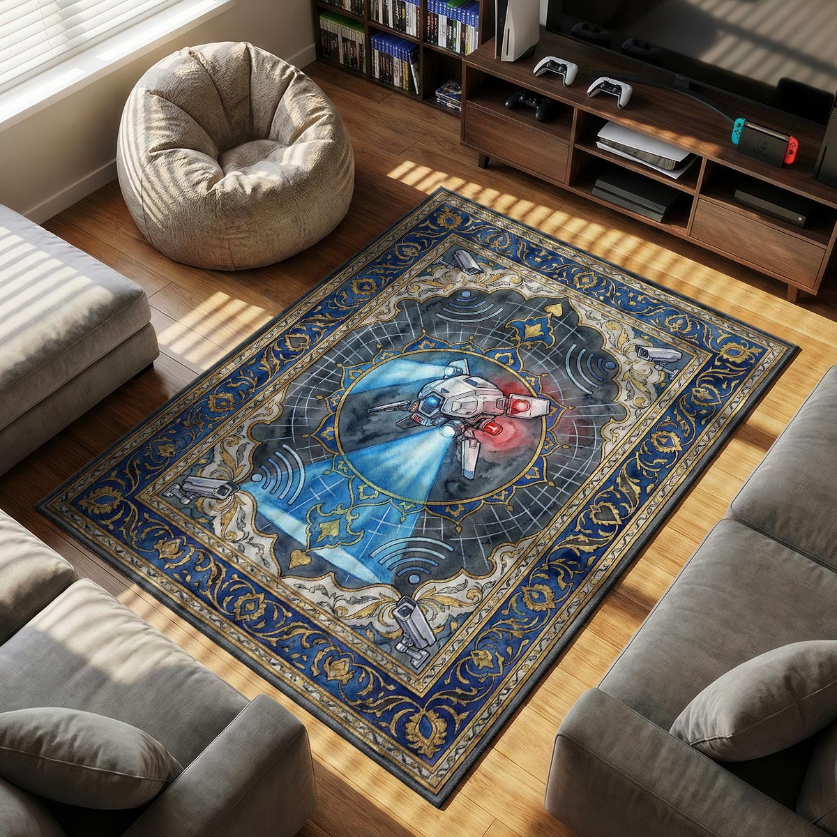 Sentinel Drone themed area rug for home decor fans