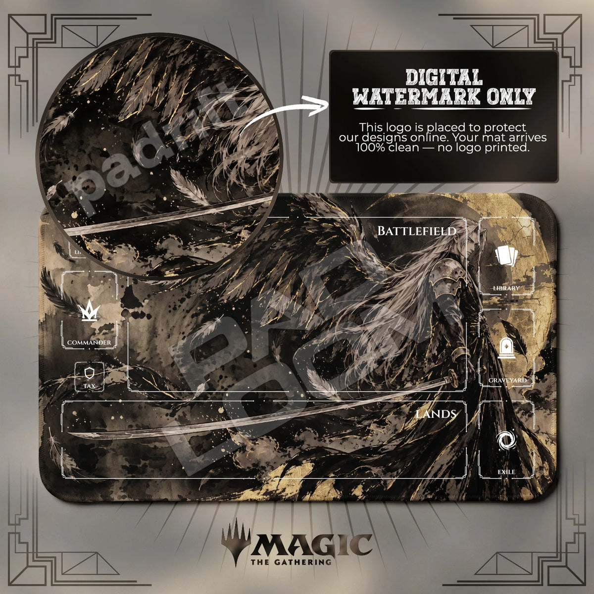 Sephiroth Ink Final Fantasy MTG playmat with zones; the Padloom watermark is digital only, not printed