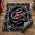 Gothic serpent and red apple area rug with silver snake on black background and branch border
