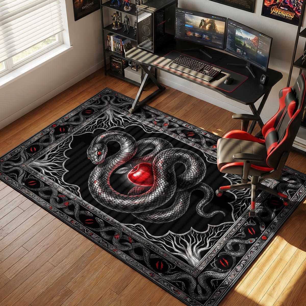 Serpent forbidden fruit rug placed in a dark minimalist living room with a single lamp