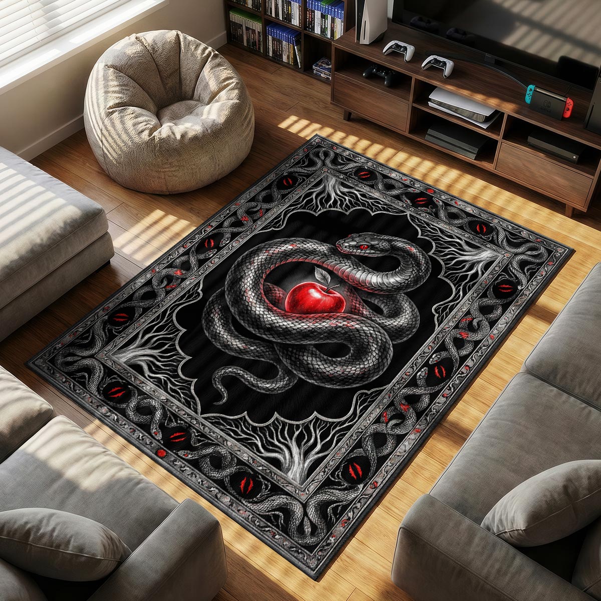 Detail of serpent rug showing silver scale texture and red apple color on velvet surface