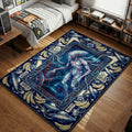 Padloom Dandadan anime rug featuring a pale blue Serpoian alien with red veins and tubes, surrounded by UFOs, barcodes, and bananas in the border.