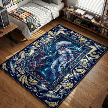 Padloom Dandadan anime rug featuring a pale blue Serpoian alien with red veins and tubes, surrounded by UFOs, barcodes, and bananas in the border.